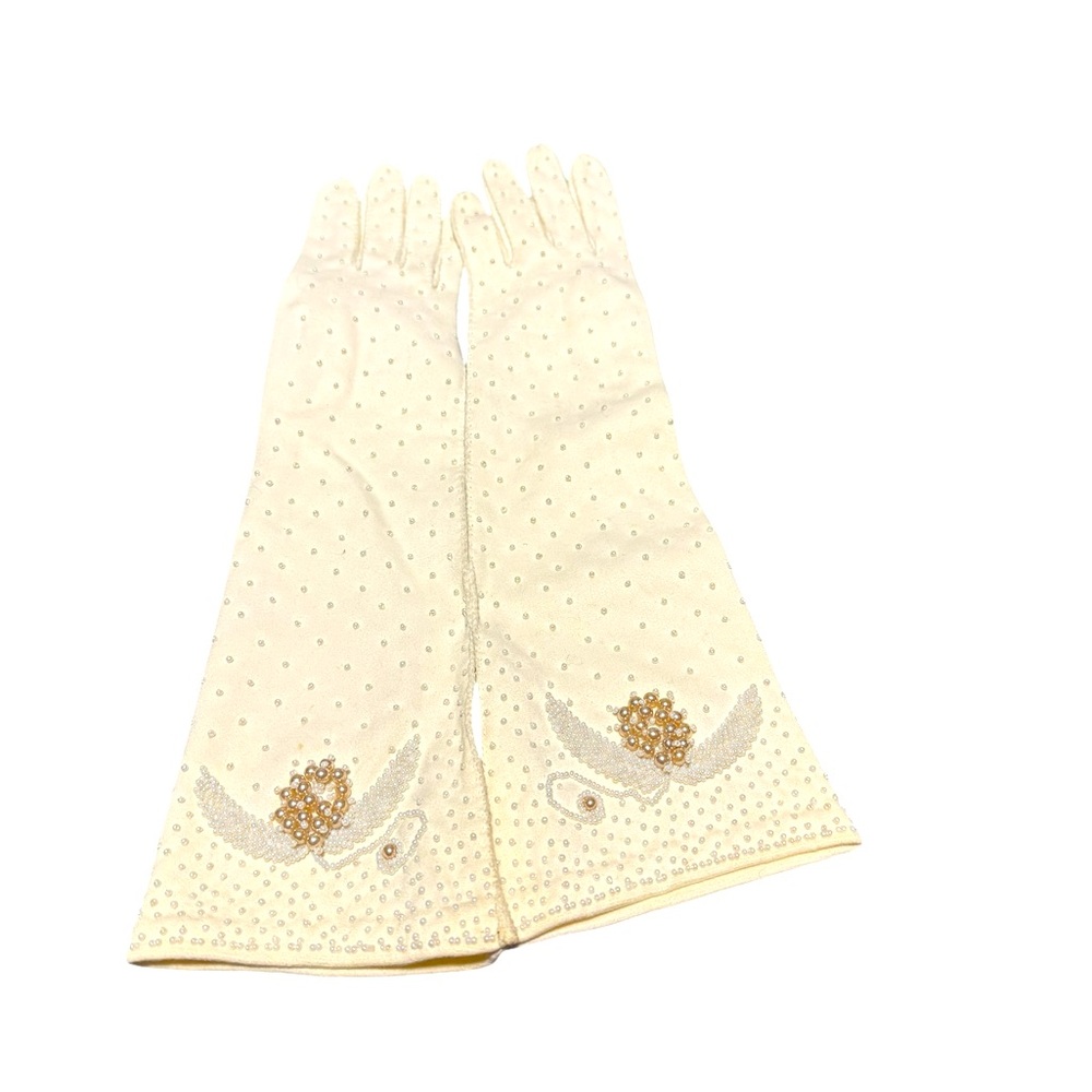 Vintage Beaded White Cotton Long Evening Gloves. Size 6.5 NWT